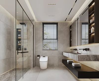 Modern Bathroom Interior Design With Glass Shower Smart Toilet And Marble Vanity Mirror 3d model
