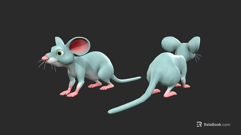 Light Blue Cartoon Mouse 3D Model With Large Ears And Pink Feet From Different Angles 3d model 
