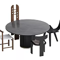 Modern Round Dining Table Set With Dark Top Cylindrical Base And Mixed Style Chairs 3d model