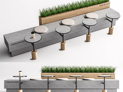 Modern Landscape Seating With Concrete Bench Grass Planter And Round Wooden Leg Seats 3d model