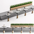 Modern Landscape Seating With Concrete Bench Grass Planter And Round Wooden Leg Seats