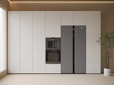 Modern Kitchen Interior With Double Door Refrigerator White And Gray Cabinets And Built In Appliances 3d model