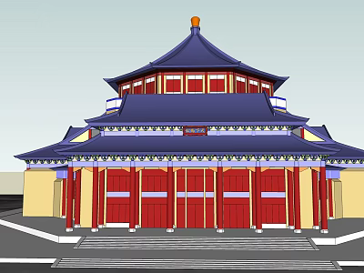Traditional Chinese Ancient Architecture With Blue Roof Red Pillars And Yellow Walls 3d model