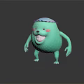 Playful Green 3D Creature Character With Smiling Face And Blue Frilled Hat