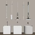 Bathroom Accessories Featuring Wall mounted Cleaning Tools Mops Brushes and White Sinks with Faucets