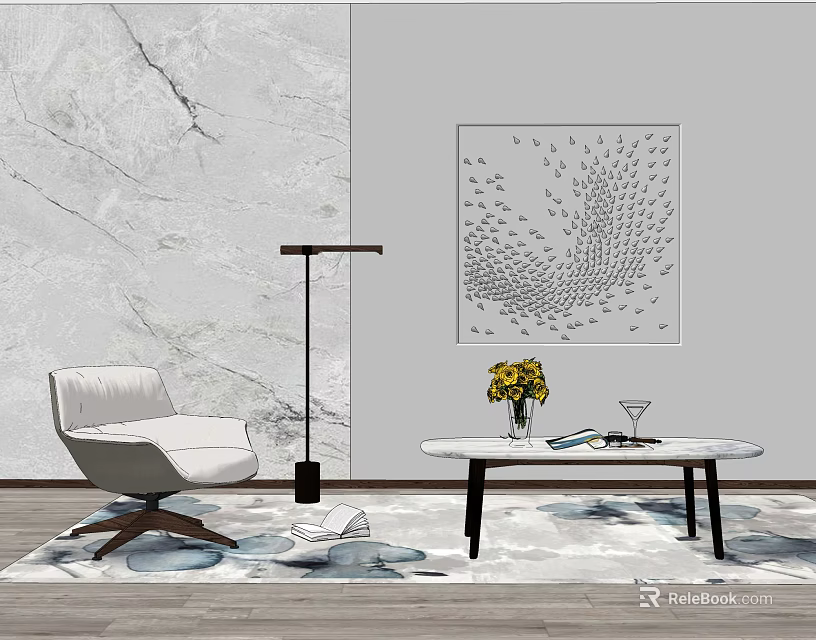 Modern White Sofa And Marble Coffee Table Set With Wall Art Lamp And Patterned Rug 3d model