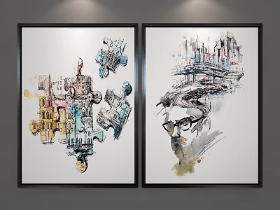 Dual Abstract Paintings With Puzzle Pieces Human Head And Cityscape Elements 3d model
