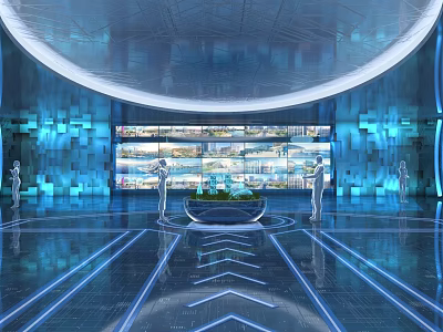 Modern High Tech Control Room Interior With Blue Lighting Control Consoles And Multiple Displays 3d model
