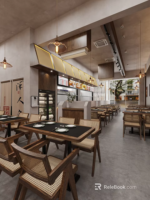 Traditional Chinese Restaurant Interior With Wooden Tables Rattan Chairs Hanging Lanterns And Menu 3d model 