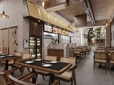 Traditional Chinese Restaurant Interior With Wooden Tables Rattan Chairs Hanging Lanterns And Menu 3d model