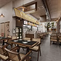 Traditional Chinese Restaurant Interior With Wooden Tables Rattan Chairs Hanging Lanterns And Menu