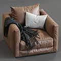 Modern Brown Leather Single Sofa With Gray Pillow And Dark Throw Blanket 3d model