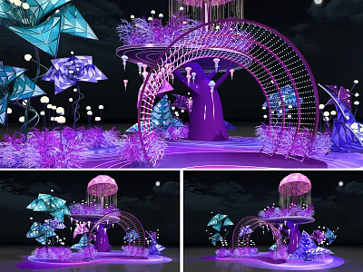 Enchanting Purple Arch Decorations With Illuminated Blue Floral Elements And Lights 3d model