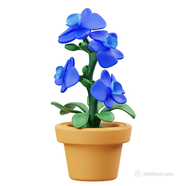 Beautiful Blue Flowers With Green Stems And Leaves In Brown Clay Pot 3d model 