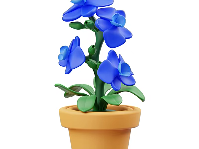 Beautiful Blue Flowers With Green Stems And Leaves In Brown Clay Pot 3d model