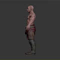 Shirtless Bald Man With Muscular Build Red Loincloth Brown Belt Knee Boots And Gray Background
