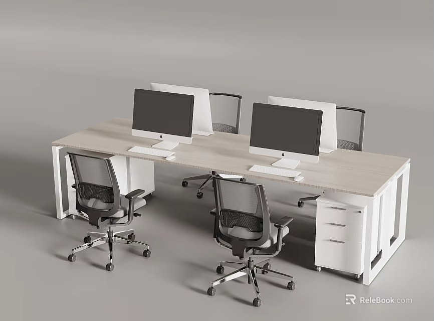 Modern Office Desk Setup With Light Wood Top Computer Monitors And Ergonomic Chairs 3d model 