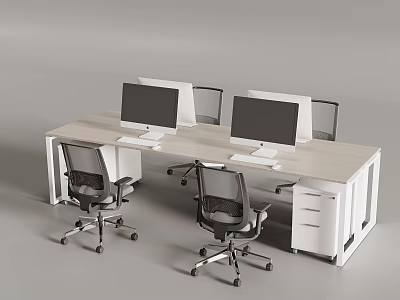 Modern Office Desk Setup With Light Wood Top Computer Monitors And Ergonomic Chairs 3d model