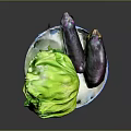 Fresh Green Lettuce And Purple Eggplants In Blue Plate For Healthy Diet