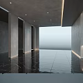 Elegant Chinese Style Banquet Hall Interior With Blue Mountain Wall Wooden Ceiling And Marble Floor