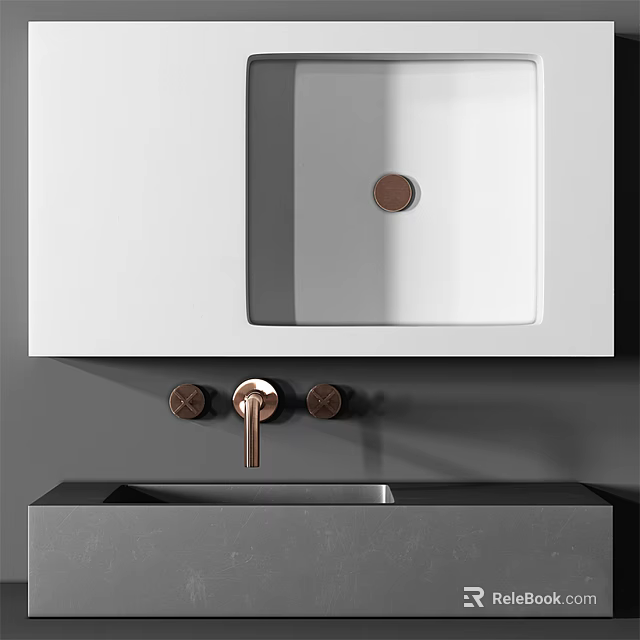 Modern Gray Bathroom Washbasin With Copper Faucet And White Mirror Cabinet 3d model 
