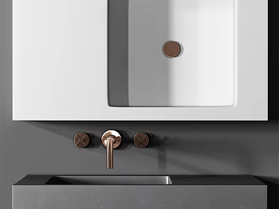 Modern Gray Bathroom Washbasin With Copper Faucet And White Mirror Cabinet 3d model