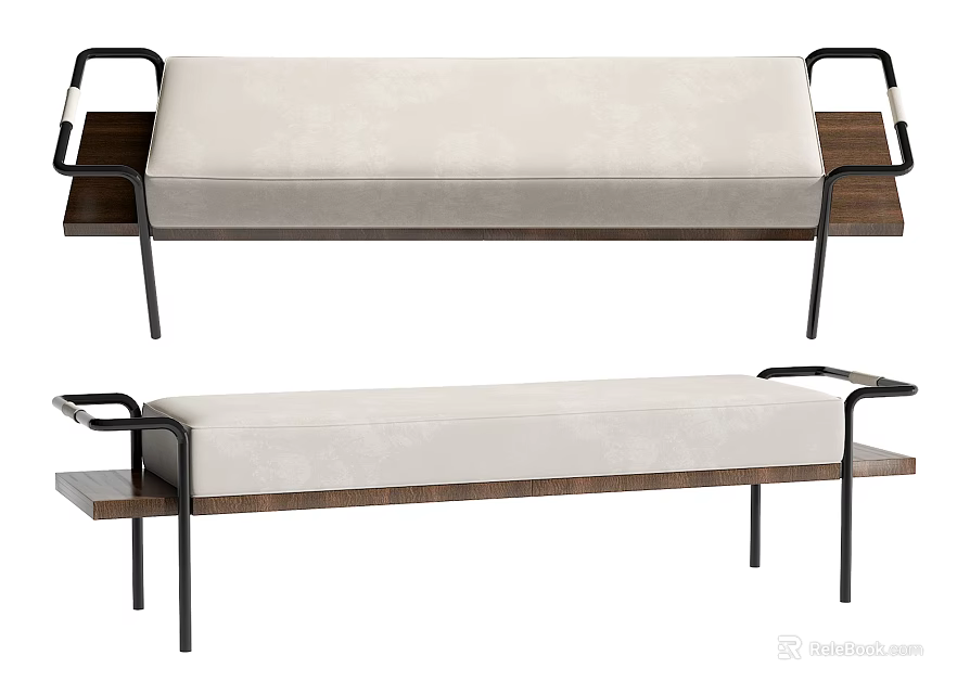 Modern Bench Design With Wooden Accents Metal Frame And Light Cushion 3d model 