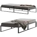 Modern Minimalist Sofa Bench With Gray Padded Seat Black Metal Frame And Gray Blanket