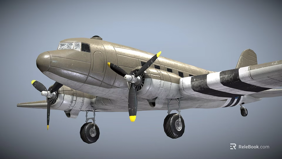 Vintage Gray Fighter Jet With Twin Propellers And Black White Striped Wings 3d model 