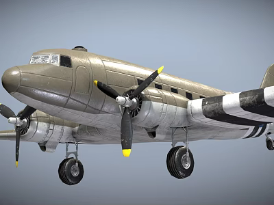 Vintage Gray Fighter Jet With Twin Propellers And Black White Striped Wings 3d model