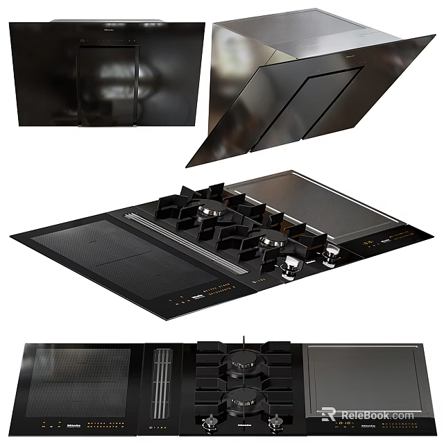 Modern Kitchen Appliances Set Featuring Black Glass Gas Stove Cooktop And Range Hood 3d model 