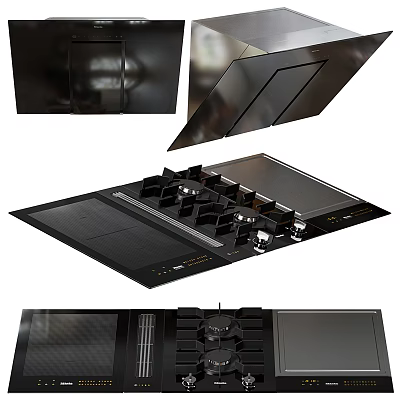 Modern Kitchen Appliances Set Featuring Black Glass Gas Stove Cooktop And Range Hood 3d model