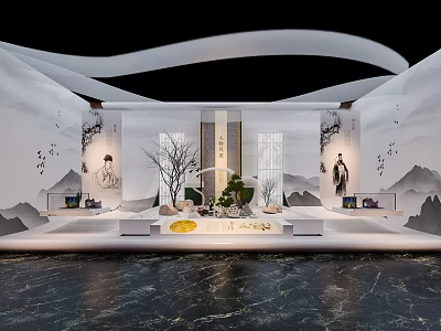 Chinese Style Interior Design With Mountain Landscape Curved Structure Round Table And Marble Floor 3d model