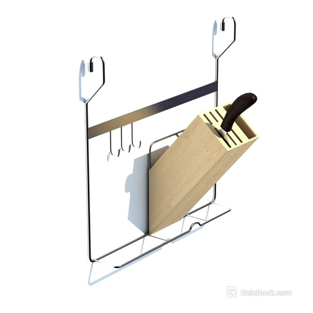 Wall Mounted Metal Kitchen Utensil Rack With Wooden Knife Block And Hooks 3d model 