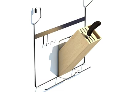 Wall Mounted Metal Kitchen Utensil Rack With Wooden Knife Block And Hooks 3d model