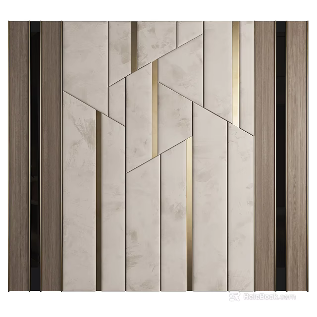 Modern Accent Wall Featuring Geometric Beige Stone Panels And Gold Metal Stripes 3d model 