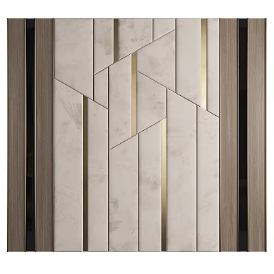 Modern Accent Wall Featuring Geometric Beige Stone Panels And Gold Metal Stripes 3d model