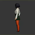 Woman with black short hair wearing white top green skirt red tights and black shoes