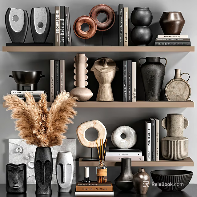 Modern Decorative Ornament Set With Ceramic Vases Sculptures Books And Pampas Grass On Shelves 3d model 
