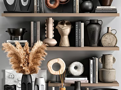 Modern Decorative Ornament Set With Ceramic Vases Sculptures Books And Pampas Grass On Shelves 3d model