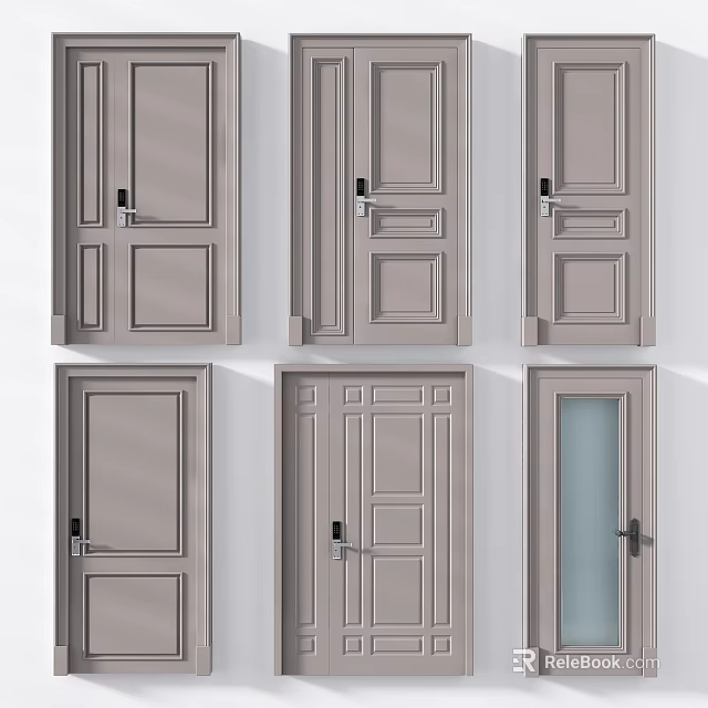 Light Gray Swing Doors With Various Panel Designs And Glass Elements 3d model