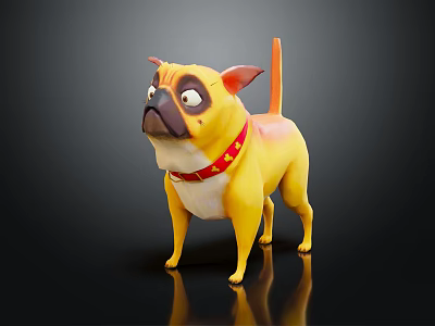 Cartoon Yellow Pug Dog Character Wearing Red Collar With Yellow Stars 3D Animated Model Design 3d model