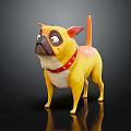 Cartoon Yellow Pug Dog Character Wearing Red Collar With Yellow Stars 3D Animated Model Design