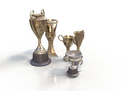 Ornate Metal Award Trophies Collection With Various Designs And Decorative Bases 3d model