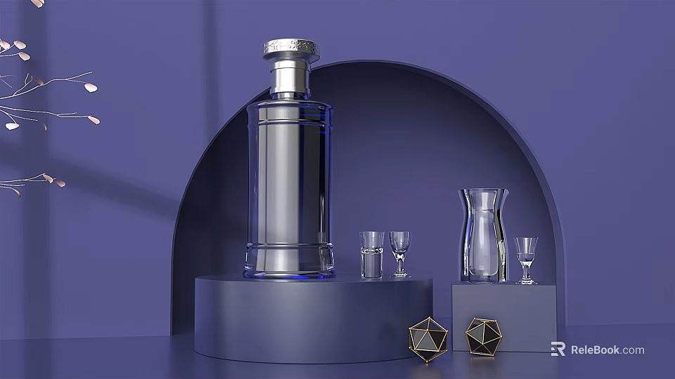 Elegant Wine Bottle And Wine Glasses Display On Curved Stand With Blue Background 3d model 