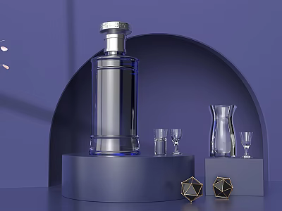 Elegant Wine Bottle And Wine Glasses Display On Curved Stand With Blue Background 3d model