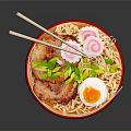 Delicious Ramen In Red Bowl With Soft Boiled Egg Pork Slice And Green Vegetables