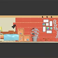Cartoon Bedroom Scene With Blue Bed Desk Lamp Red Wall Pictures Wooden Floor Purple Rug