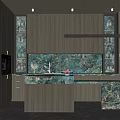 Modern Kitchen Interior With Dark Wood Cabinets Green Marble Island And Veined Backsplash