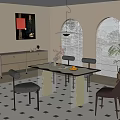 Modern Restaurant Interior Featuring White Top Dining Table Scalloped Legs Upholstered Chairs Arched Windows Blinds